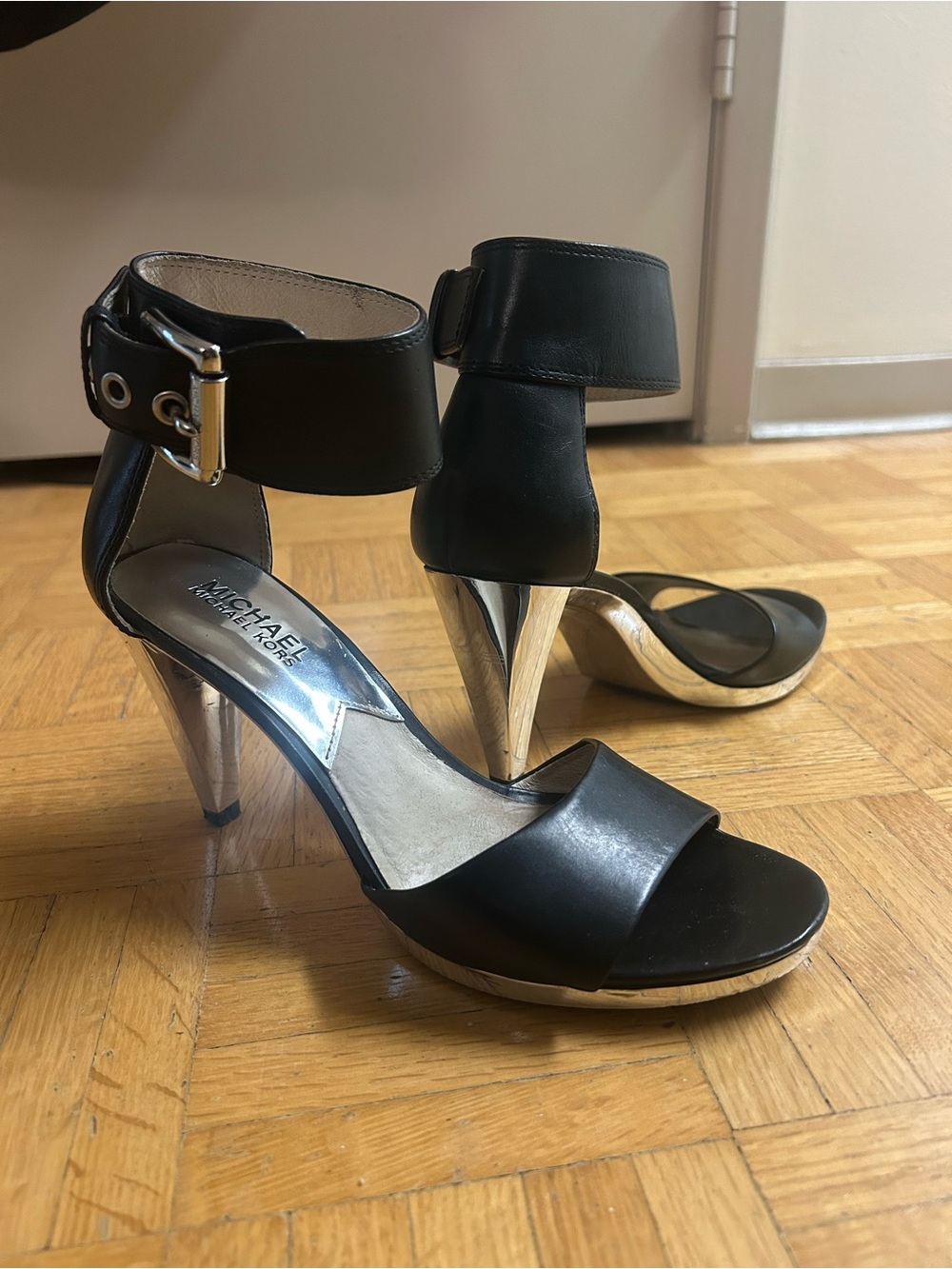 Michael Kors Black Leather Ankle-Cuff Heels with Metallic Accents
